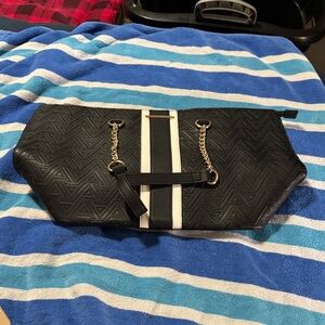 Aldo Black Tote with White Center Stripe and Gold Chain Handles